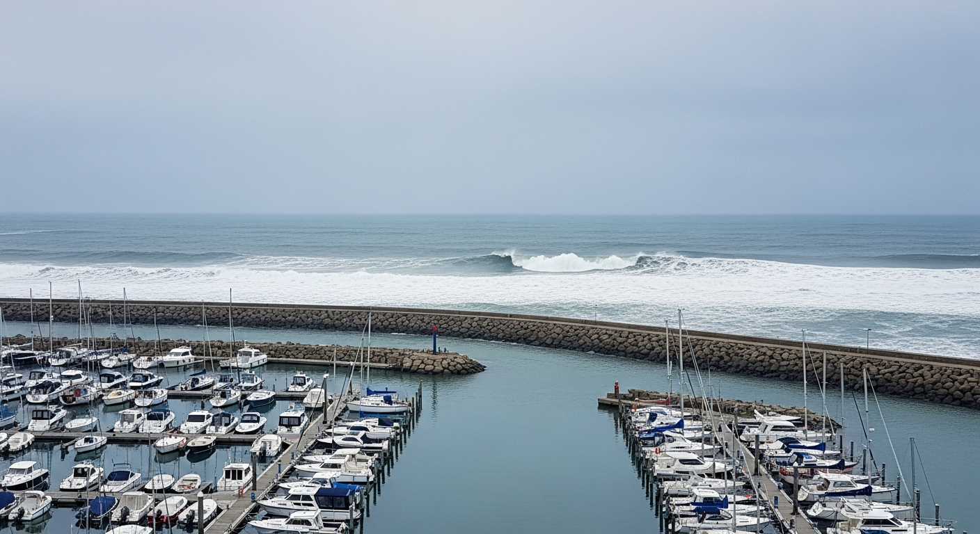 Port abrité aux eaux calmes face à une mer formée au large