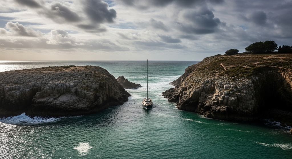 Abri en mer : voilier entrant dans un port naturel abrité entre deux pointes rocheuses