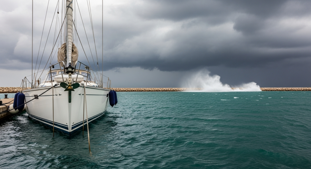 Amarrage par gros temps : voilier sécurisé au ponton avec amarres doublées sous ciel de tempête