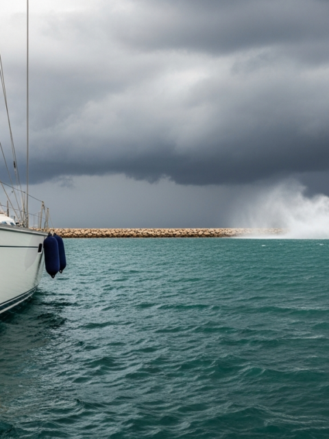 Amarrage par gros temps : voilier sécurisé au ponton avec amarres doublées sous ciel de tempête