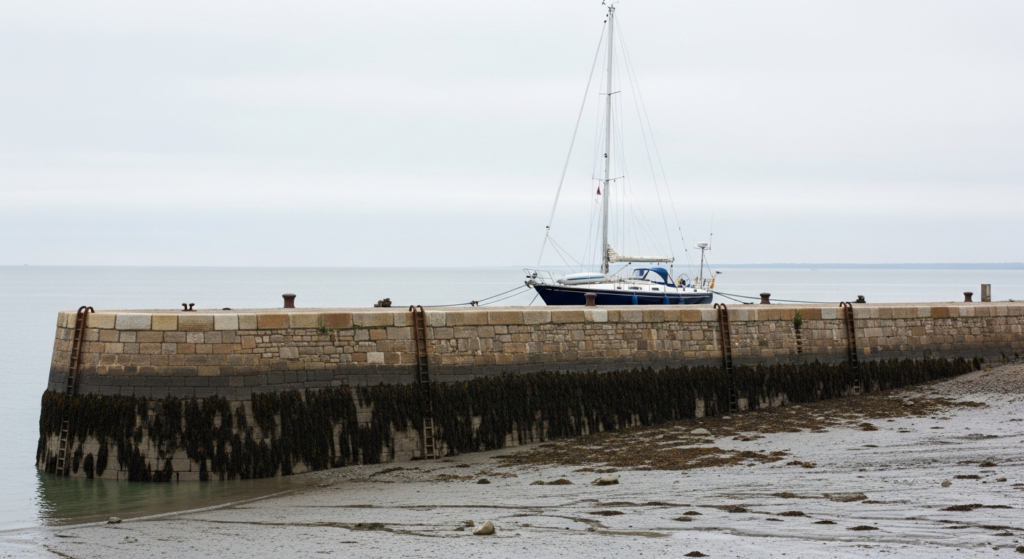 Amarrage en zone de marée : voilier à quai avec amarres longues à marée basse