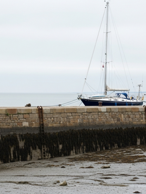 Amarrage en zone de marée : voilier à quai avec amarres longues à marée basse