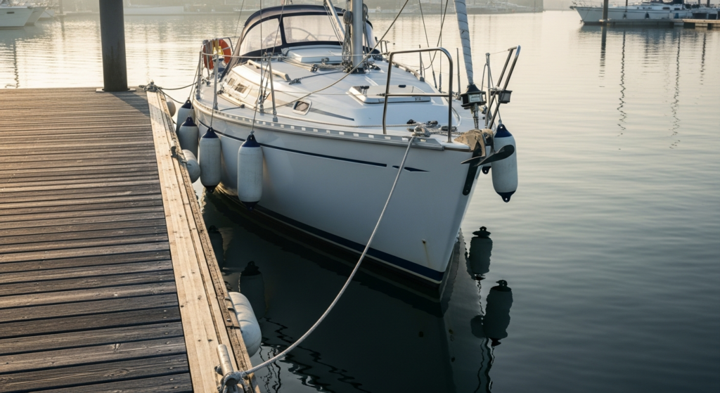 Amarrer son bateau seul : voilier bridé au ponton par une amarre au maître-bau