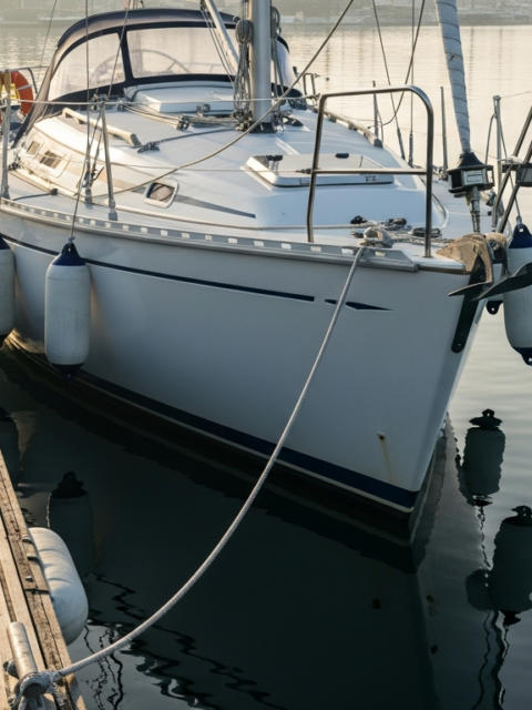 Amarrer son bateau seul : voilier bridé au ponton par une amarre au maître-bau