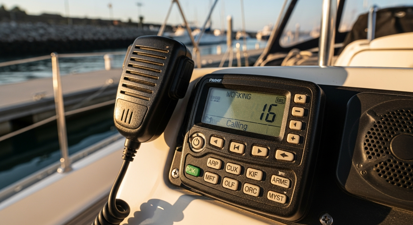 Appel VHF canal 9 à la capitainerie depuis le cockpit avant l