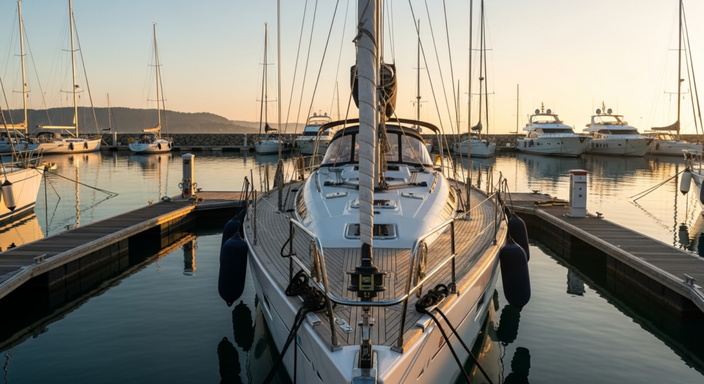 Préparation d'un voilier au ponton avant le départ en mer