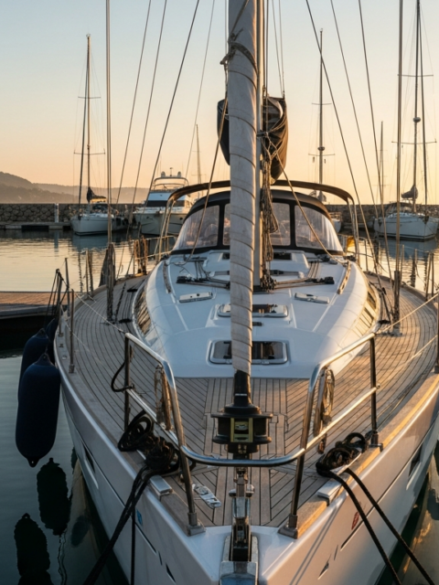 Préparation d'un voilier au ponton avant le départ en mer