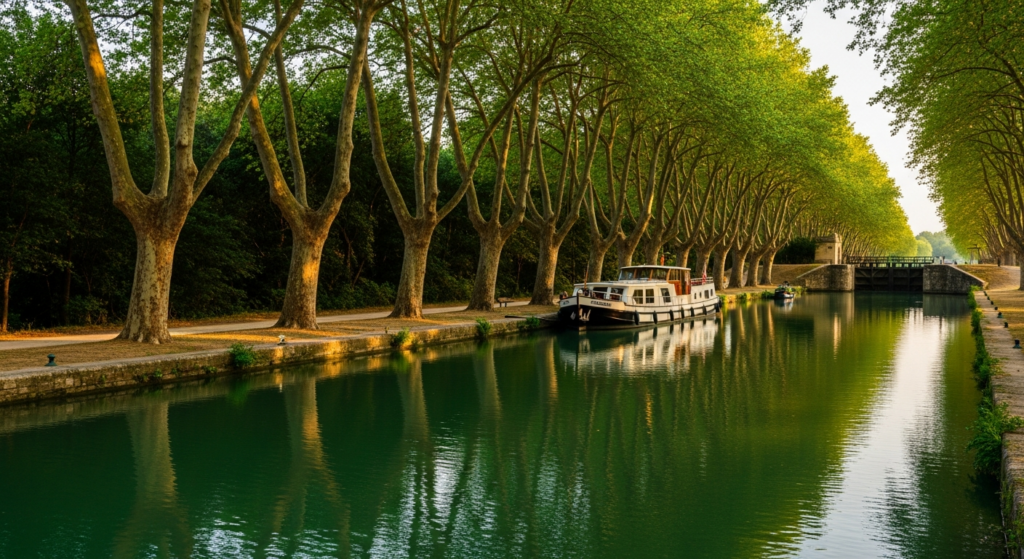 Halte fluviale ombragée par les platanes le long du Canal du Midi