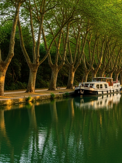 Halte fluviale ombragée par les platanes le long du Canal du Midi