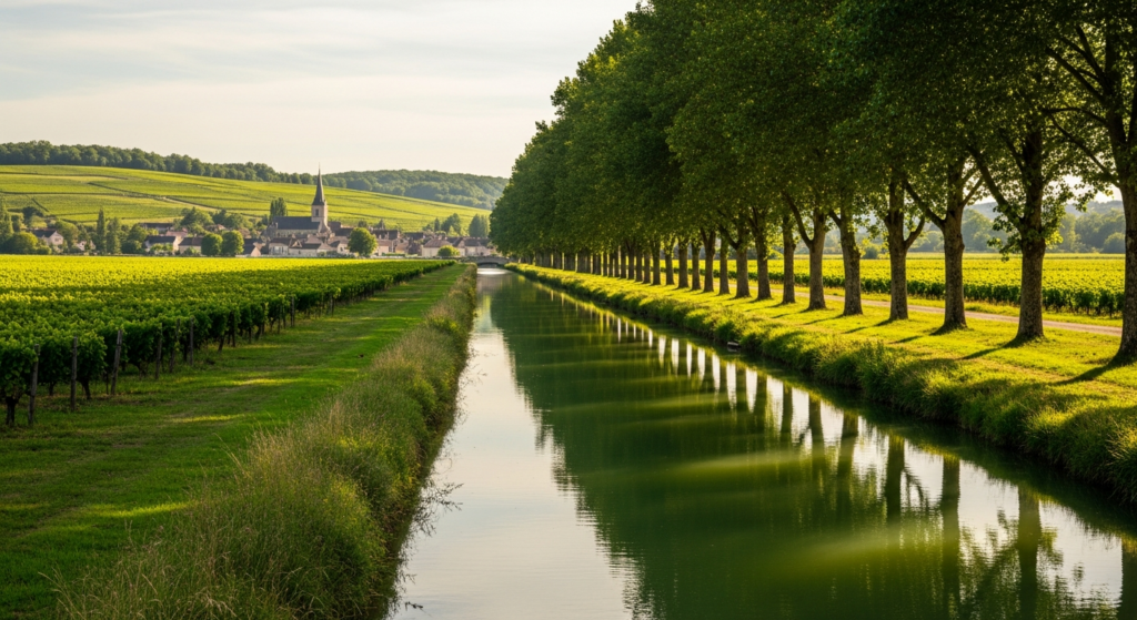 Halte fluviale au bord d'un canal de Bourgogne bordé de prairies