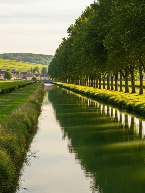 Halte fluviale au bord d'un canal de Bourgogne bordé de prairies
