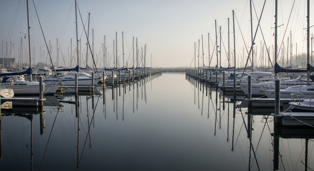 Hivernage à flot : voiliers amarrés dans une marina calme en hiver