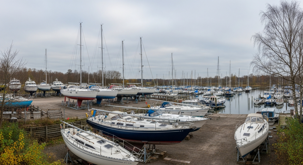 Hivernage à flot ou à sec : bateaux stockés à terre près d'une marina en automne