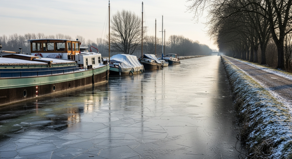 Hivernage d'un bateau fluvial : péniche amarrée sur un canal gelé en hiver