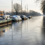 Hivernage d'un bateau fluvial : péniche amarrée sur un canal gelé en hiver