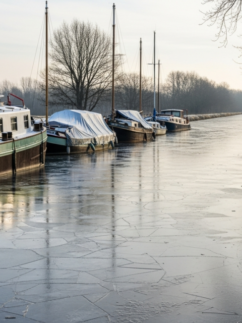 Hivernage d'un bateau fluvial : péniche amarrée sur un canal gelé en hiver