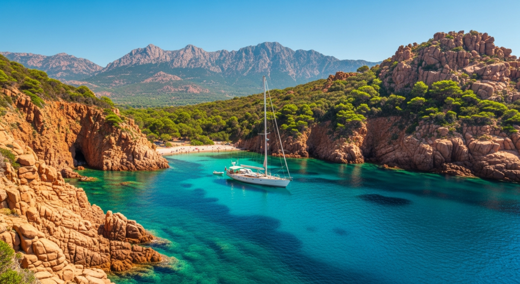 Mouillage dans une crique sauvage de Corse aux eaux cristallines