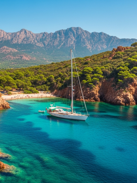 Mouillage dans une crique sauvage de Corse aux eaux cristallines