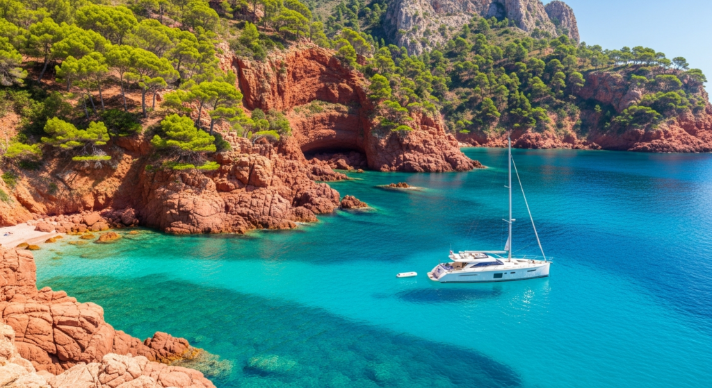Mouillage dans une calanque de la Côte d'Azur aux eaux turquoise