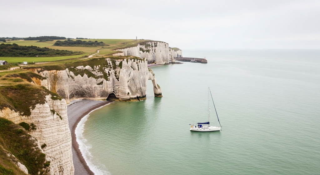 Mouillage abrité sous les falaises calcaires de la côte normande