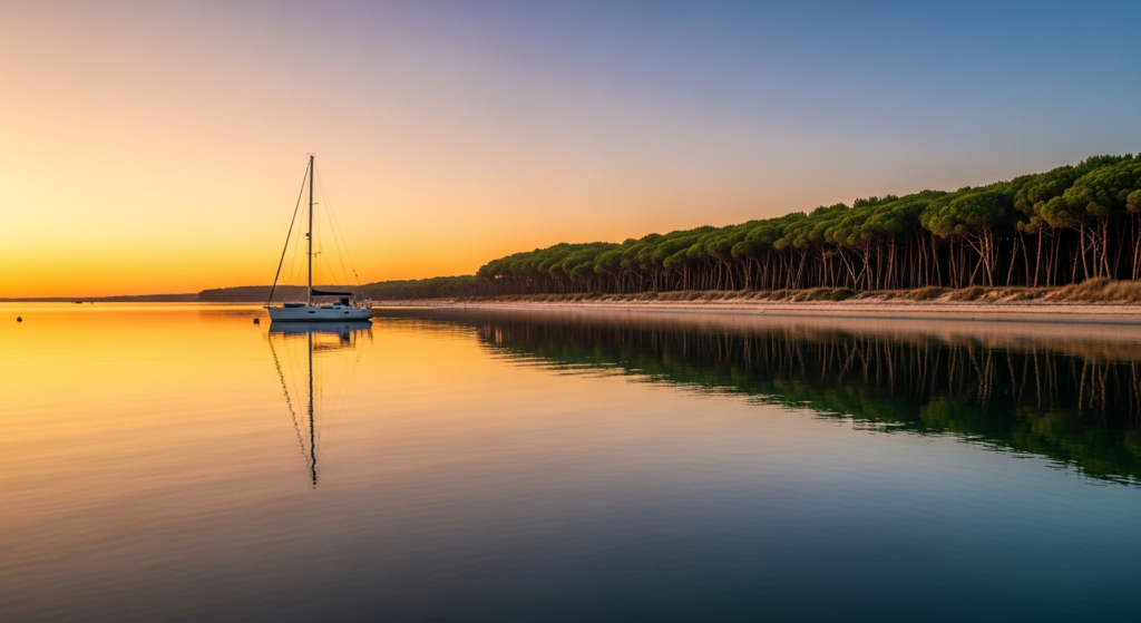 Mouillage sur la côte atlantique de Nouvelle-Aquitaine au coucher du soleil