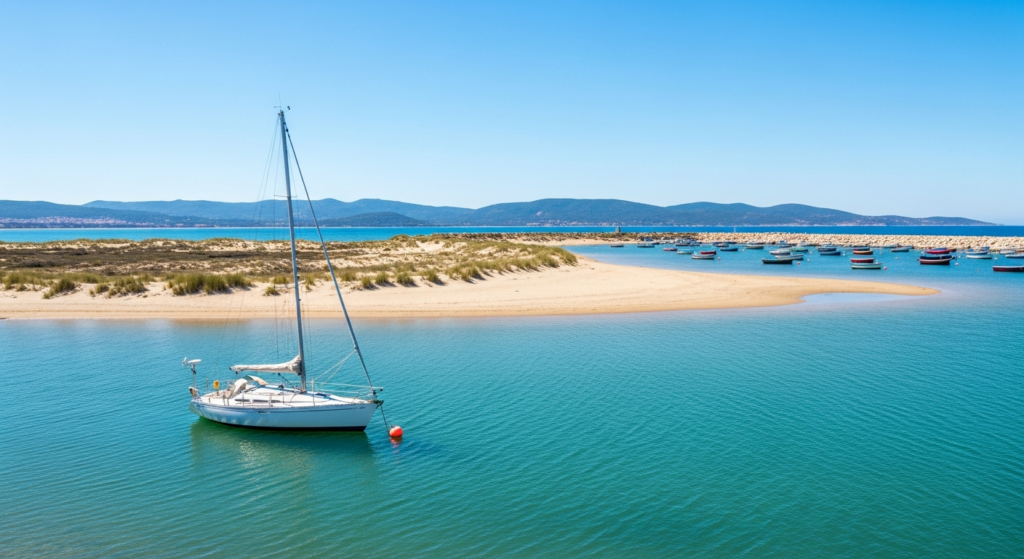 Mouillage devant un étang et un port méditerranéen d'Occitanie