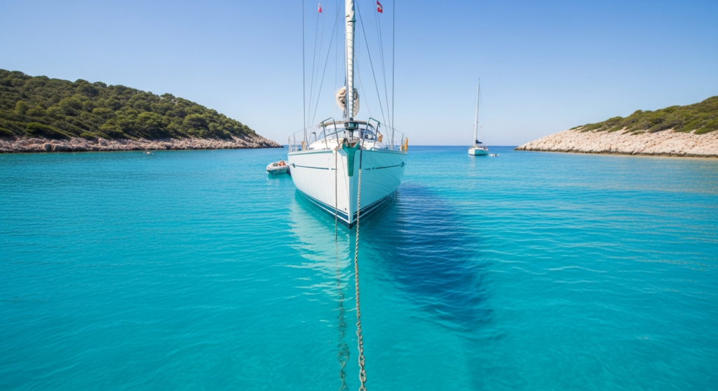 Mouiller son bateau : voilier à l'ancre dans une baie abritée aux eaux turquoise
