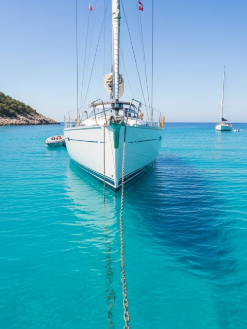 Mouiller son bateau : voilier à l'ancre dans une baie abritée aux eaux turquoise