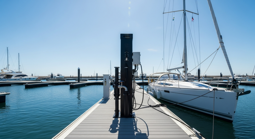 Pompe à eaux noires sur un ponton de port de plaisance