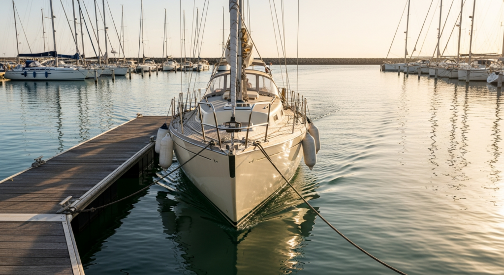 Voilier approchant le ponton visiteur d'un port de plaisance pour s'amarrer
