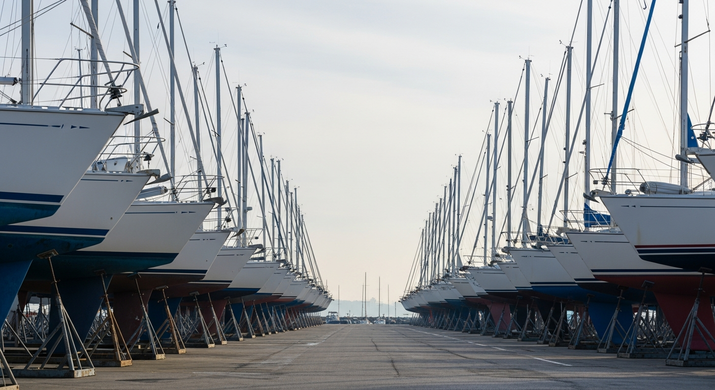 Bateaux stockés en rangées dans un port à sec, facteur du prix de l