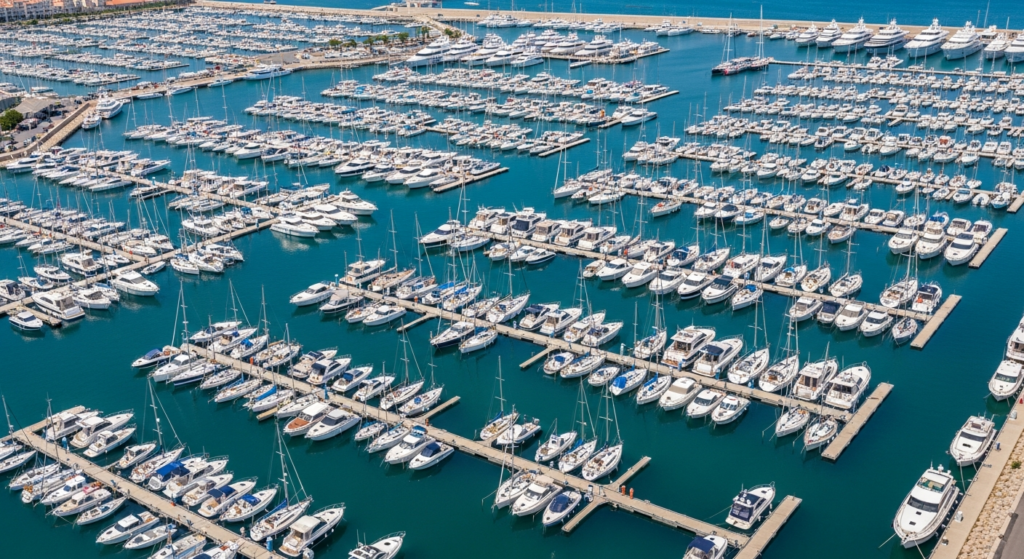 Prix d'une place de port : marina remplie de bateaux sur pontons vue du ciel