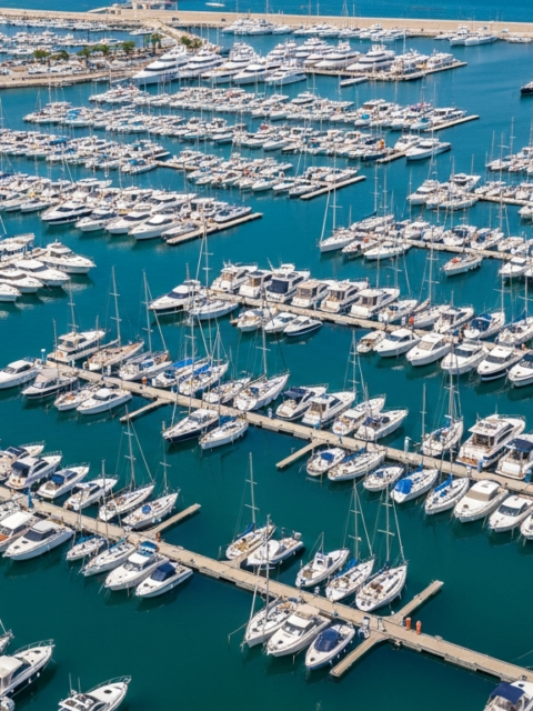 Prix d'une place de port : marina remplie de bateaux sur pontons vue du ciel