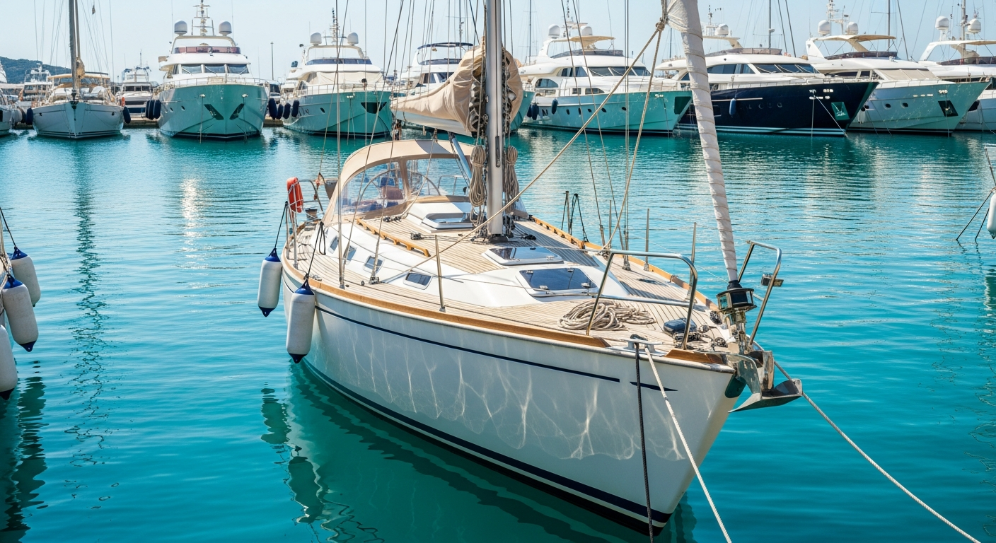 Voilier amarré dans une marina méditerranéenne, façade la plus chère