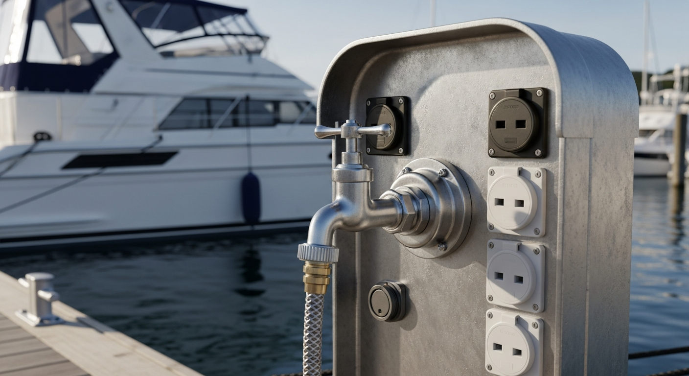 Borne eau et électricité sur un ponton de port de plaisance