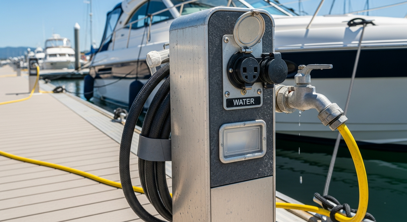 Borne eau et électricité au ponton, parfois incluse dans le tarif d
