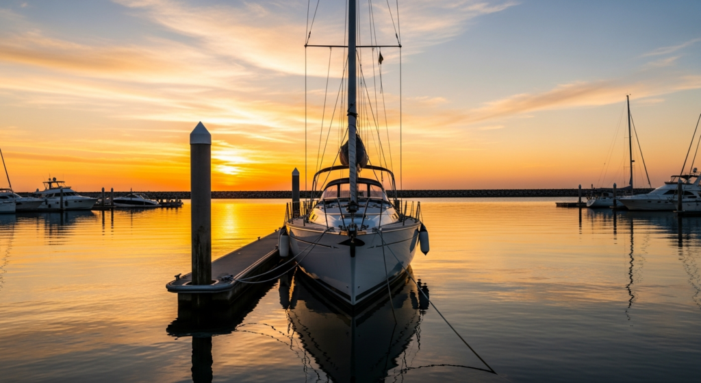 Tarif d'escale au port : voilier de passage au ponton visiteur au coucher du soleil