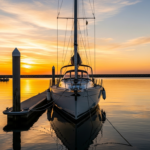 Tarif d'escale au port : voilier de passage au ponton visiteur au coucher du soleil