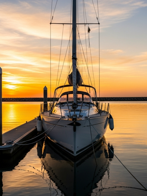 Tarif d'escale au port : voilier de passage au ponton visiteur au coucher du soleil