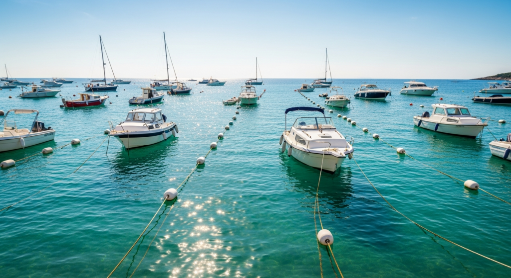 Zone de mouillage organisée : bateaux amarrés à des bouées blanches dans une baie