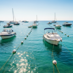 Zone de mouillage organisée : bateaux amarrés à des bouées blanches dans une baie