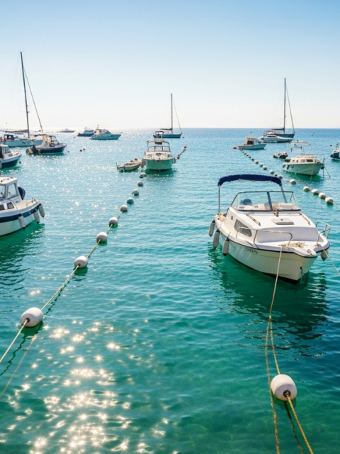 Zone de mouillage organisée : bateaux amarrés à des bouées blanches dans une baie