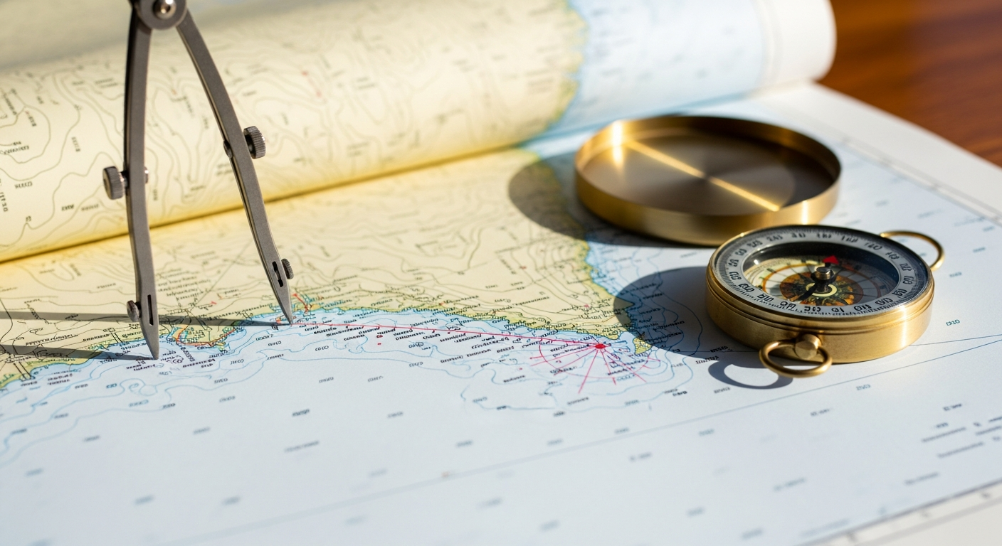 Carte marine et compas pour mesurer la distance à un abri