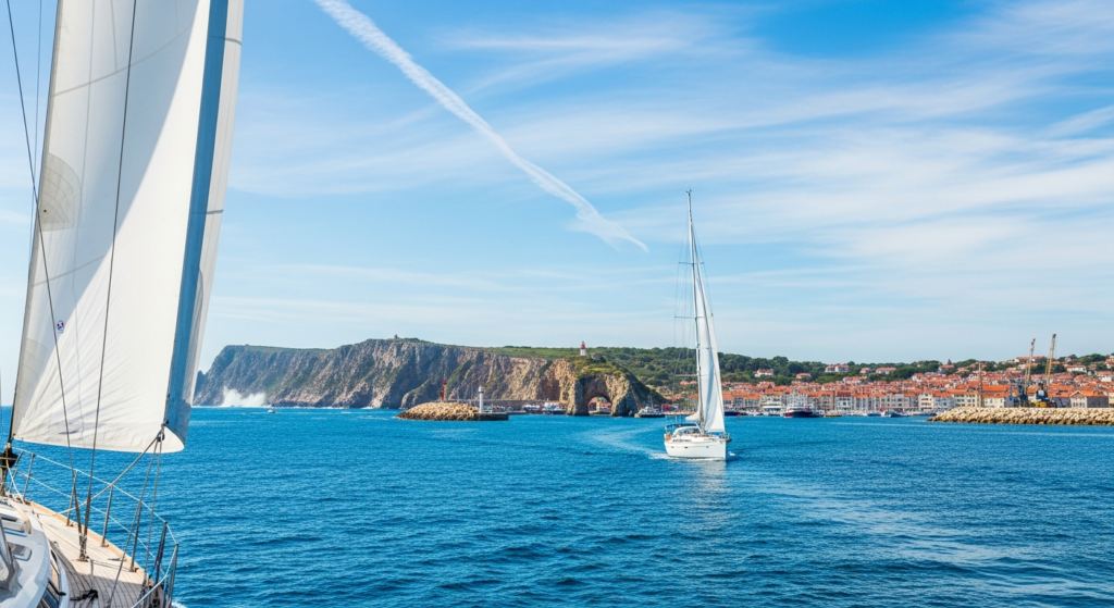 Zones de navigation : voilier en mer à distance variable de la côte et d'un port