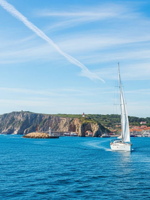 Zones de navigation : voilier en mer à distance variable de la côte et d'un port