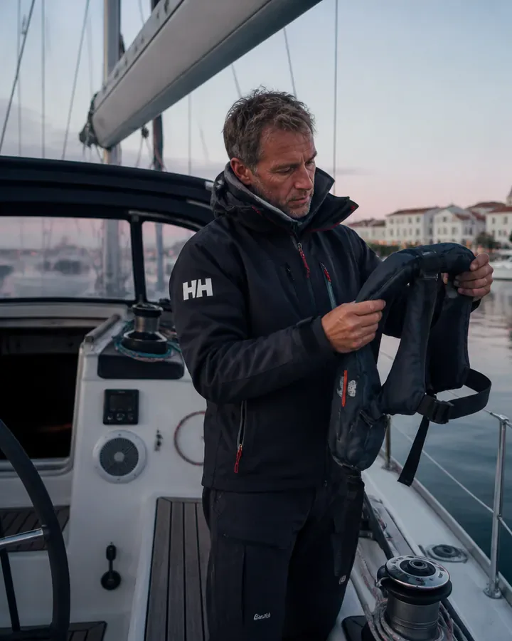 Plaisancier vérifiant un gilet de sauvetage avant la sortie